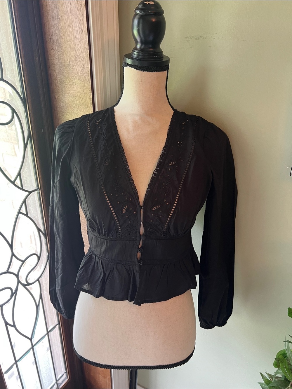 American Eagle Outfitters Black Peplum Eyelet Blouse